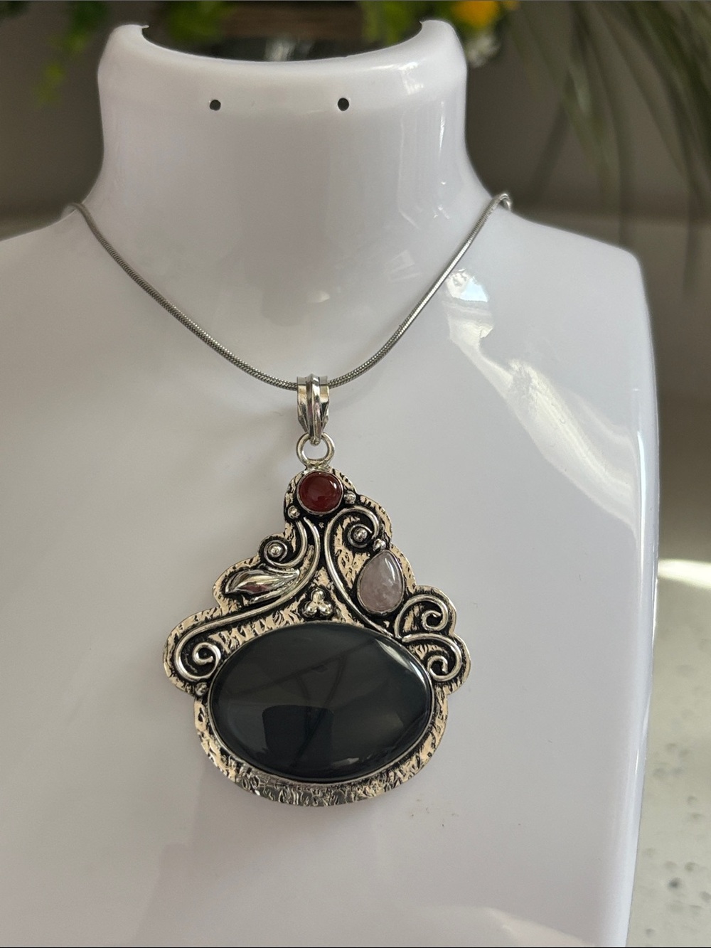 Sterling Picasso Jasper, Rose Quartz, Carnelian Gemstone Pendant Necklace
